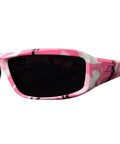 Premium Polarized Wraparound Safety Glasses With Badass Pink Camo Frames And Smoke Tinted Lenses, side view on white background.