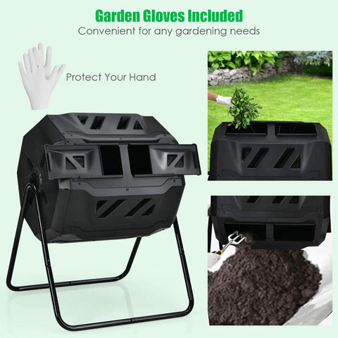 43 Gallon Composting Tumbler With Dual Chamber Design And Two Sliding Doors for backyard composting, includes garden gloves.