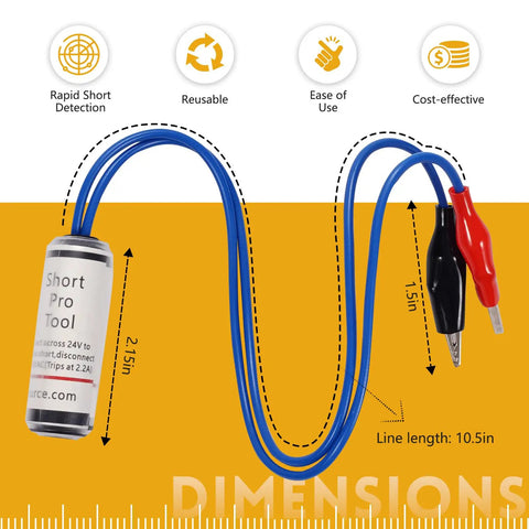 24 VAC Circuit Short Finder Tester With Bright LED Indicator For Real Time Status, Fast Fault Locating, Automatic Reset, Compact Pro Tool For Electrical Troubleshooting In 24 Volt Systems, blue leads, alligator clips