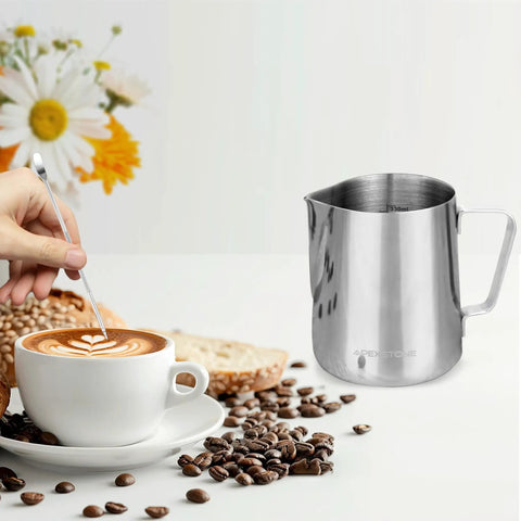 12 Oz Espresso Steaming Pitcher Pro Grade Stainless Steel Milk Frothing Cup for Home Barista Use next to latte with art
