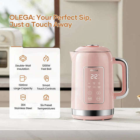 1.5L Stainless Steel Smart Electric Kettle With Temperature Control, Six Precise Presets, 1200W Fast Boil, Pink Finish
