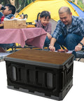 Huge Capacity Folding Storage Bin Built Like A Tank Stackable Wooden Lid Camping Crate with picnic setup in background.