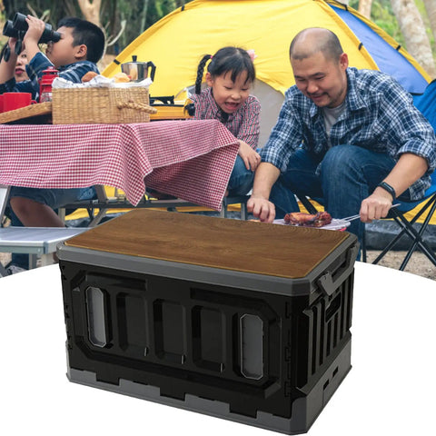 Huge Capacity Folding Storage Bin Built Like A Tank Stackable Wooden Lid Camping Crate with picnic setup in background.