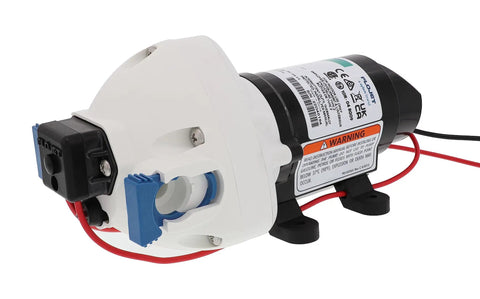 Rugged 12V RV Water Pump With Self Priming, 3 GPM, 50 PSI, 3 Chamber Design, Quiet Operation, viewed from side