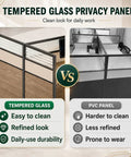 Image comparing tempered glass privacy panel features vs PVC panel for Game Changer Six Person Modular Office Workstation.