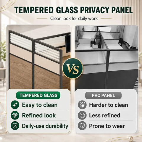 Image comparing tempered glass privacy panel features vs PVC panel for Game Changer Six Person Modular Office Workstation.