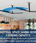 Ceiling Mounted Garage Storage Rack Two Pack Industrial Metal Overhead Rack For Surfboards And SUPs installed with boards