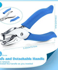 Blue grip handle on handheld hole punch for crafts, part of the 12 Piece Handheld Hole Punch Kit With Grip Handles One Quarter Inch Circular Punches.