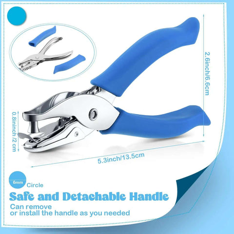 Blue grip handle on handheld hole punch for crafts, part of the 12 Piece Handheld Hole Punch Kit With Grip Handles One Quarter Inch Circular Punches.