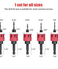 Five-piece red HSS M2 countersink/counterbore drill bit set with low-friction depth stops and hex shanks