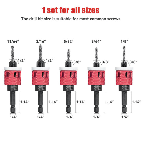 Five-piece red HSS M2 countersink/counterbore drill bit set with low-friction depth stops and hex shanks