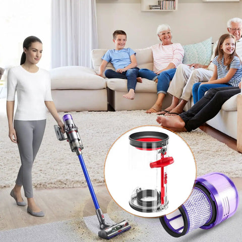 Person using Dust Bin Vacuum Replacement Kit with Filter for V11 V15 SV14 SV15 SV22 Cordless Vacuum Cleaners in a living room.