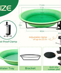 Heavy Duty Deck Mount Bird Bath And Feeder Combo With Snap Lock Railing Clamp dimensions and features, green gradient basin and rust-proof clamp.