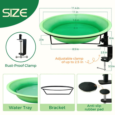 Heavy Duty Deck Mount Bird Bath And Feeder Combo With Snap Lock Railing Clamp dimensions and features, green gradient basin and rust-proof clamp.
