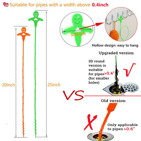 Flexible 3D Drain Snake With Soft Barbed Wand For Hair And Debris Removal In Kitchen Sink, Shower, And Bath Drains, 20 Inch And 25 Inch Length, Works On Pipes Over 0.4 Inches, Upgraded Version With Bendable Design, comparison of upgraded and old versions in diagram