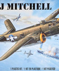 Box art of Brown B25J Mitchell One To Forty Eight Scale Warbird Model Kit with 147 Parts, Skill Level Four, in flight scene.