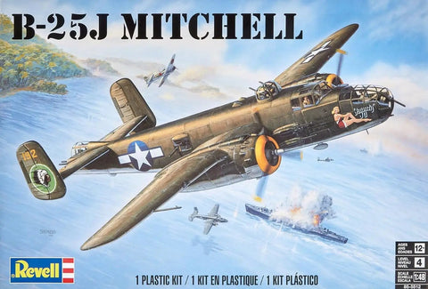 Box art of Brown B25J Mitchell One To Forty Eight Scale Warbird Model Kit with 147 Parts, Skill Level Four, in flight scene.