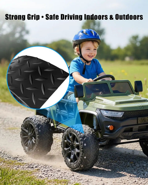 Child driving electric ride-on car with Power Wheels Rubber Tire Upgrade Kit 2 Pack For Kids Electric Ride On Cars Grippy Anti Slip Rubber.