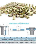 100 Pc 1/4"-20 Unc Rivet Nuts Carbon Steel Zinc Plated Flat Head Knurled Body Threaded Inserts for heavy duty use with dimensions.