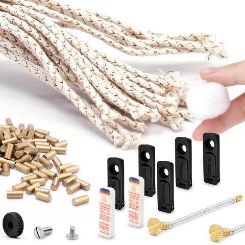Universal Lighter Repair Kit Stuffed With Top Shelf Flint Stones Fresh Cotton Wicks And Heavy Duty Striker Wheels For Rock Solid Fire Sparks On The Go components including cotton wicks and metal parts.