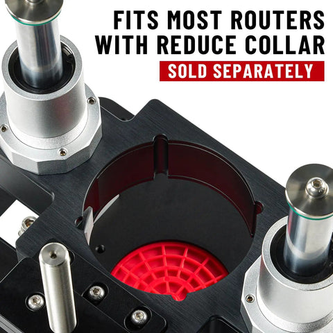 Precision Router Lift System For Woodworking Tables Featuring Smooth Height Adjustments and a Heavy Duty Aluminum Plate fitting various router sizes.