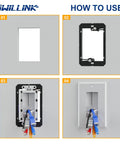 Two Pack Single Gang Brush Wall Plate With Sturdy Low Voltage Mounting Bracket Crisp White Facade showing installation steps.