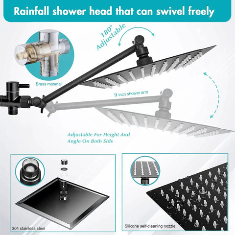 Beast High Pressure Rainfall Shower Head With Handheld Combo showing 180° adjustable arm, brass material, and silicone nozzles