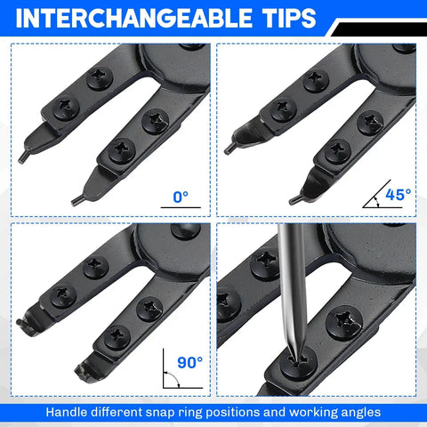 16 Inch Snap Ring Pliers Set Heavy Duty 2 Piece Internal And External Circlip Pliers With Interchangeable Tips at 0, 45, 90 Degree