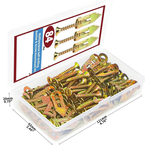252 Piece Self Drilling Anchor And Screw Kit For Drywall And Walls Multipurpose Expansion Screws With Yellow Zinc Plating High Strength Carbon Steel Rust Resistant Long Lasting Fasteners For DIY Projects, 84 pcs box