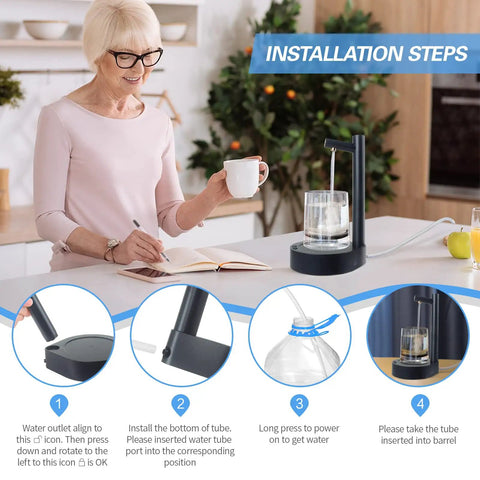 Woman using Portable Desktop Water Bottle Dispenser With 7 Level Pumping USB Charge Electric Jug Pump on countertop