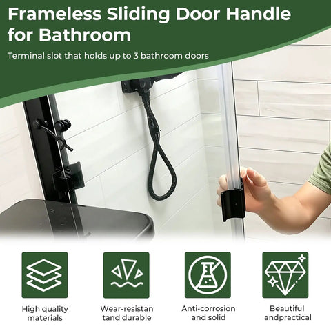 Frameless sliding shower door handle for bathroom, holding 3 doors, black finish, high-quality material, used with the Smooth Glide RV Tri Slide Shower Door Handle Kit And Frameless Glass Replacement Hardware No Sweat Swap Locks Tight With Precision Set Screws Universal Fit For Home And Camper.