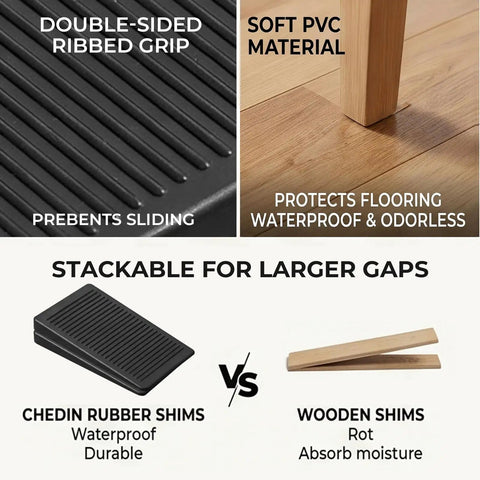 Trimmable Rubber Shims For Wobbly Furniture, Non Slip Table Levelers With Ribbed Grip, stackable PVC gap fillers on floor.