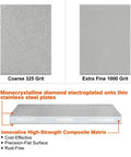 Beefy 8 Inch By 3 Inch Diamond Sharpener Stone With Dual Grit 325 Coarse And 1000 Grit Extra Fine surfaces and side view