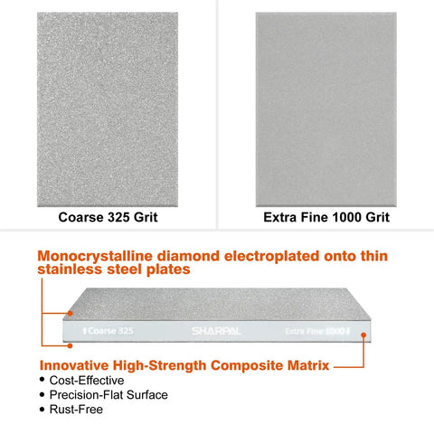 Beefy 8 Inch By 3 Inch Diamond Sharpener Stone With Dual Grit 325 Coarse And 1000 Grit Extra Fine surfaces and side view