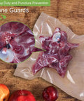 Vacuum-sealed bone meat in BPA-free puncture-resistant bag on wooden surface, highlighting vacuum sealer bag's bone protection feature.