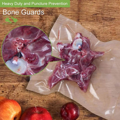 Vacuum-sealed bone meat in BPA-free puncture-resistant bag on wooden surface, highlighting vacuum sealer bag's bone protection feature.