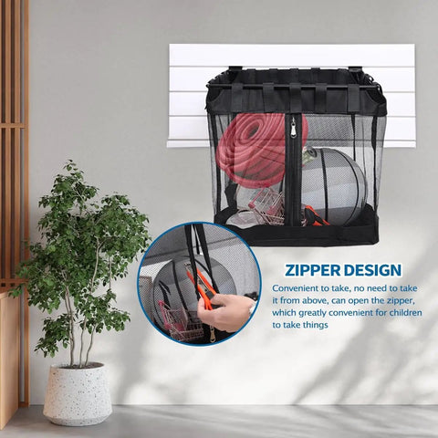 Two Pack Large Mesh Slatwall Baskets With Zipper For Mounted Storage And Hanging Display For Shops And Rooms, shown installed on wall
