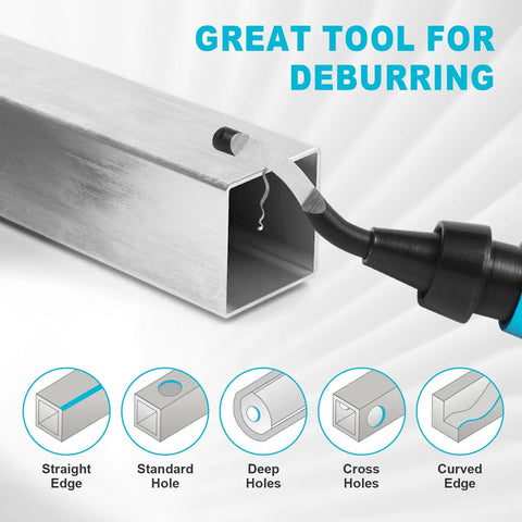 Aleric deburring tool with blue handle and swivel blade; 11 HSS blades for metal and plastic, front view.