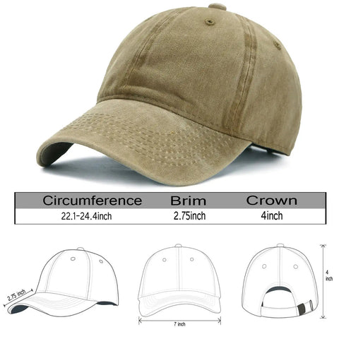 Low Profile Adjustable Washed Cotton Baseball Cap Dad Hat For Men And Women with size details and back strap