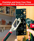 Pro Grade Aluminum Shelf Pin Jig One Quarter Inch Drill Guide For Straight Holes Cabinet Hardware And Woodworking Projects Durable And Precise Ideal For Cabinets Shelves Furniture And Home DIY Projects With Quick Setup And Accurate Drilling in use on wooden plank with drill.