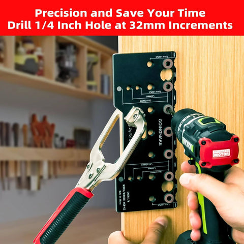 Pro Grade Aluminum Shelf Pin Jig One Quarter Inch Drill Guide For Straight Holes Cabinet Hardware And Woodworking Projects Durable And Precise Ideal For Cabinets Shelves Furniture And Home DIY Projects With Quick Setup And Accurate Drilling in use on wooden plank with drill.