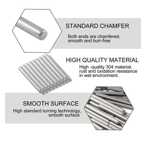 100 Pcs Stainless Steel Shelf Dowel Pins 2mm By 22mm For Cabinet And Furniture Replacement Hardware, displayed with chamfered edges and smooth surface.