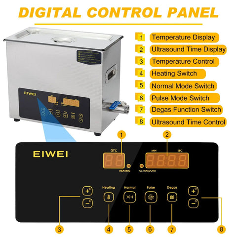 Digital control panel of 6L Dual Frequency Ultrasonic Cleaner With Heater And Timer, buttons labeled for various functions.