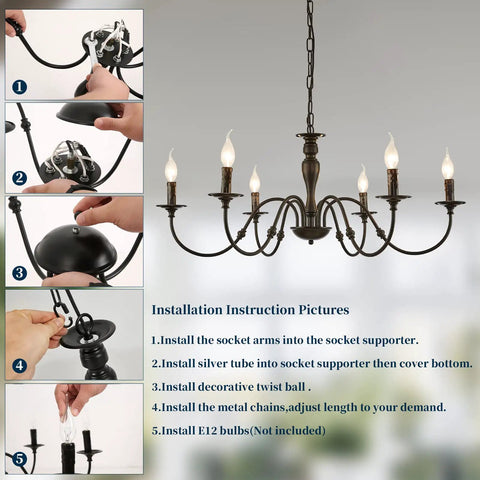 Installation steps for Six Light Black Farmhouse Chandelier With Rustic Industrial Iron Build Modern Metal Candle Style Ceiling Light