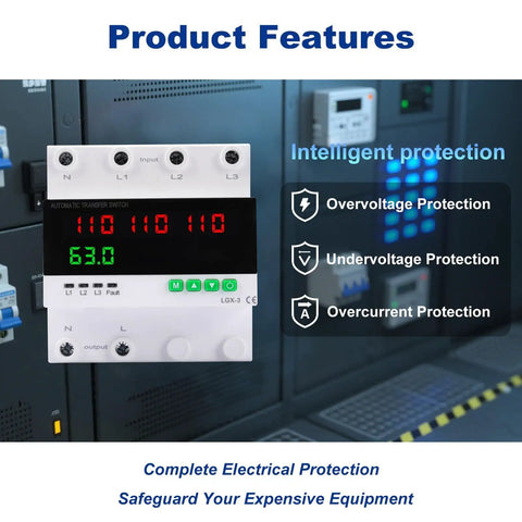 63A 110/120V Triple Power Automatic Transfer Switch For Seamless Backup Power Switching Between Utility Power, Generator, And Inverter With Overcurrent, Overvoltage, And Undervoltage Protection. Front view in electrical panel