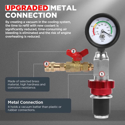 No Sweat Universal Coolant Vacuum Refill Kit For Cars With Super Long Hose Precise Pressure Gauge showing upgraded metal connections.