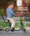 Child riding tricycle with Kids Bike Safety Trainer Handle And Balance Push Bar For Parents To Guide Training. Green and black colors.