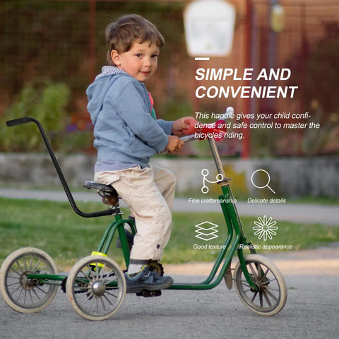 Child riding tricycle with Kids Bike Safety Trainer Handle And Balance Push Bar For Parents To Guide Training. Green and black colors.