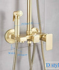 UBNMIUBV Shower System, Brushed Gold Shower Faucet Bathtub Mixer Tap with Hand Shower and measurement details.