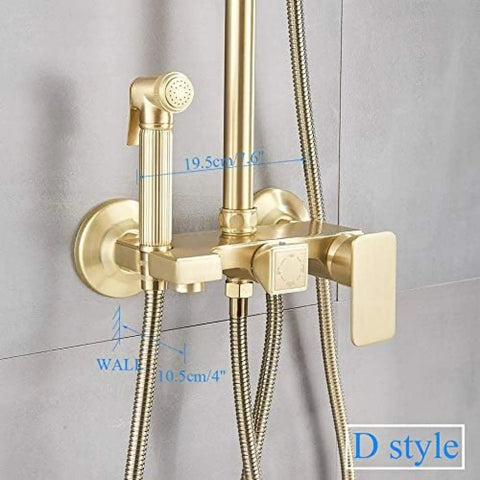UBNMIUBV Shower System, Brushed Gold Shower Faucet Bathtub Mixer Tap with Hand Shower and measurement details.